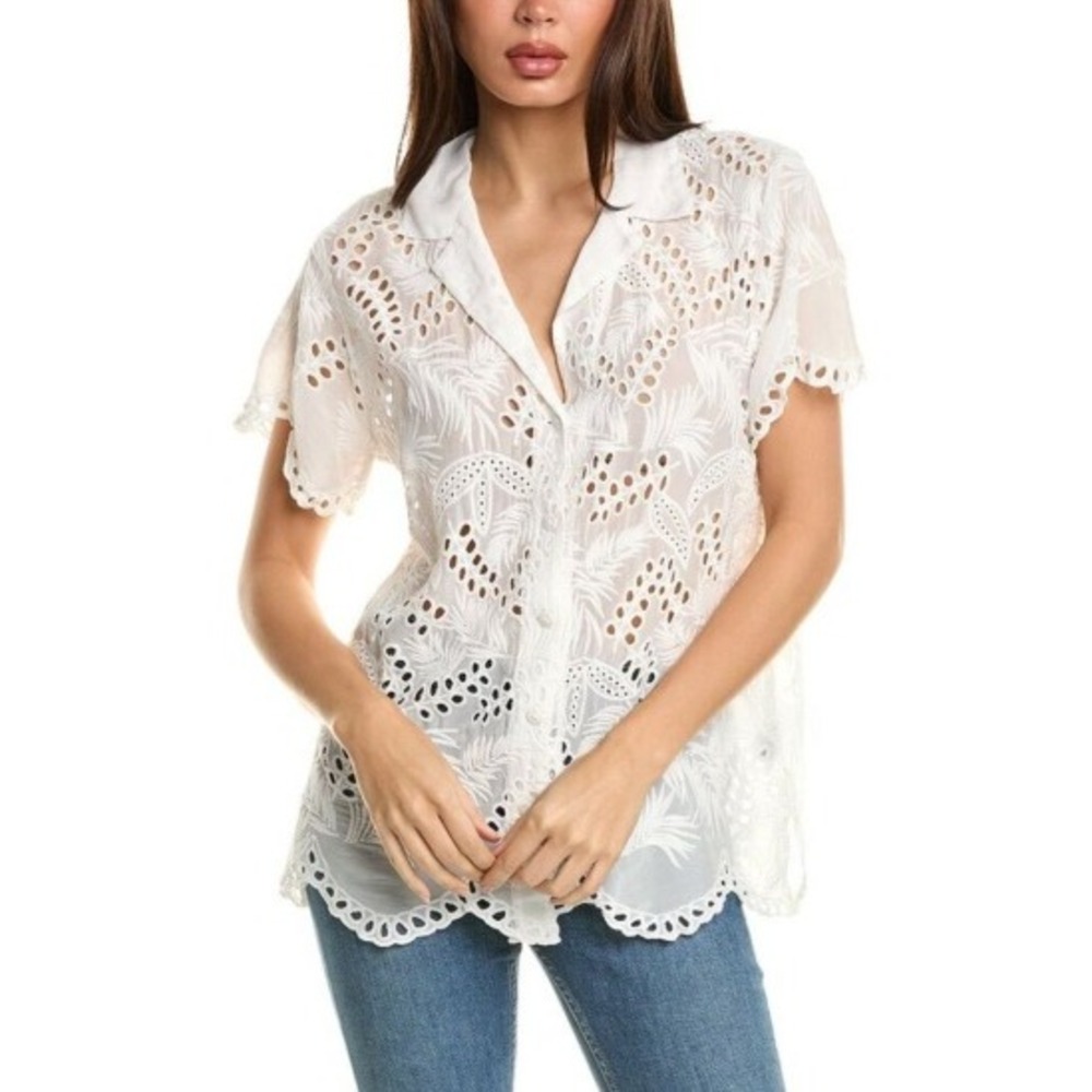 Johnny Was Cleo Cooper Button Up Womens XS White Boho Cottage Summer Beachy Chic